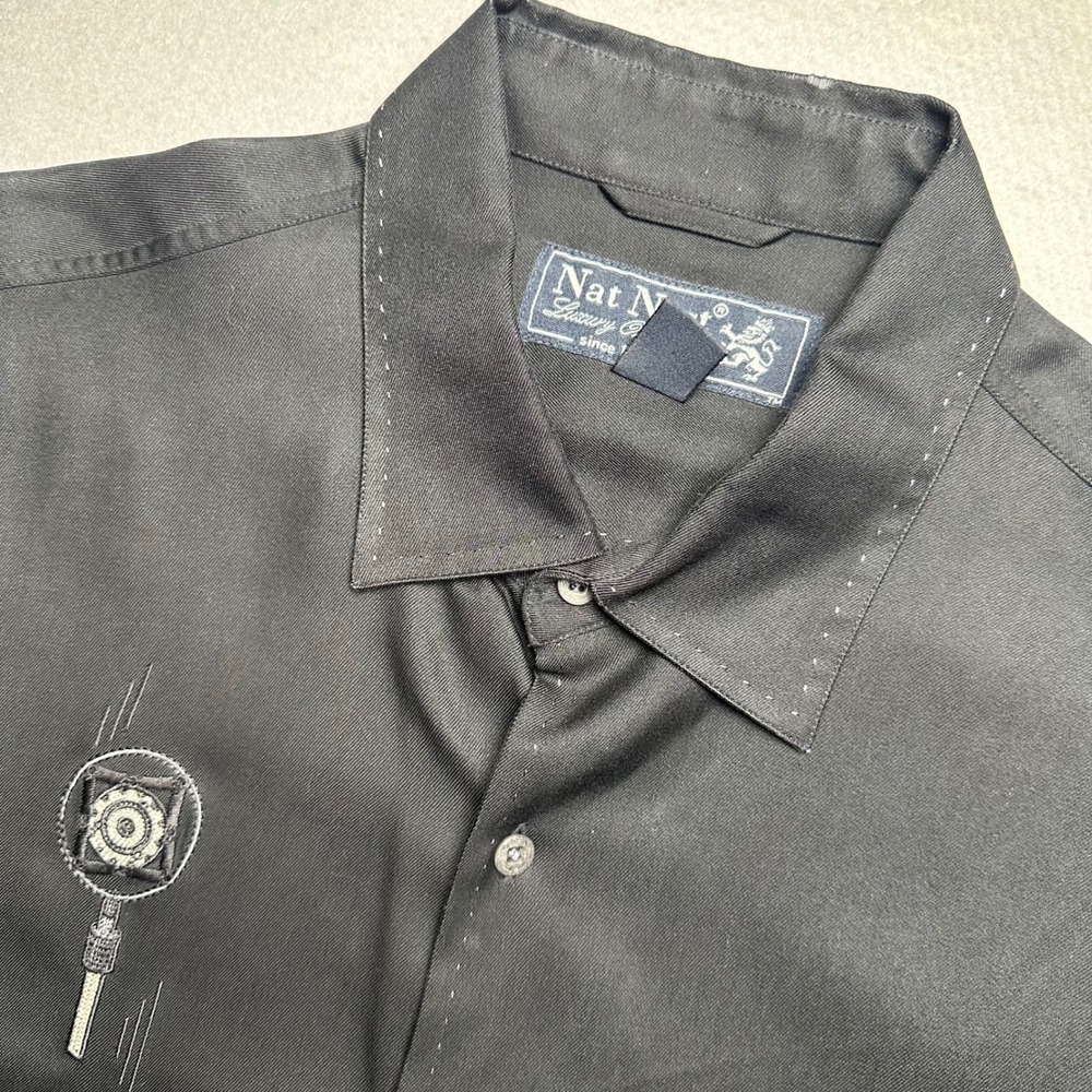 Nat Nast Button Down Shirt Mens L Black 100% Silk Embroidered Microphone Retro